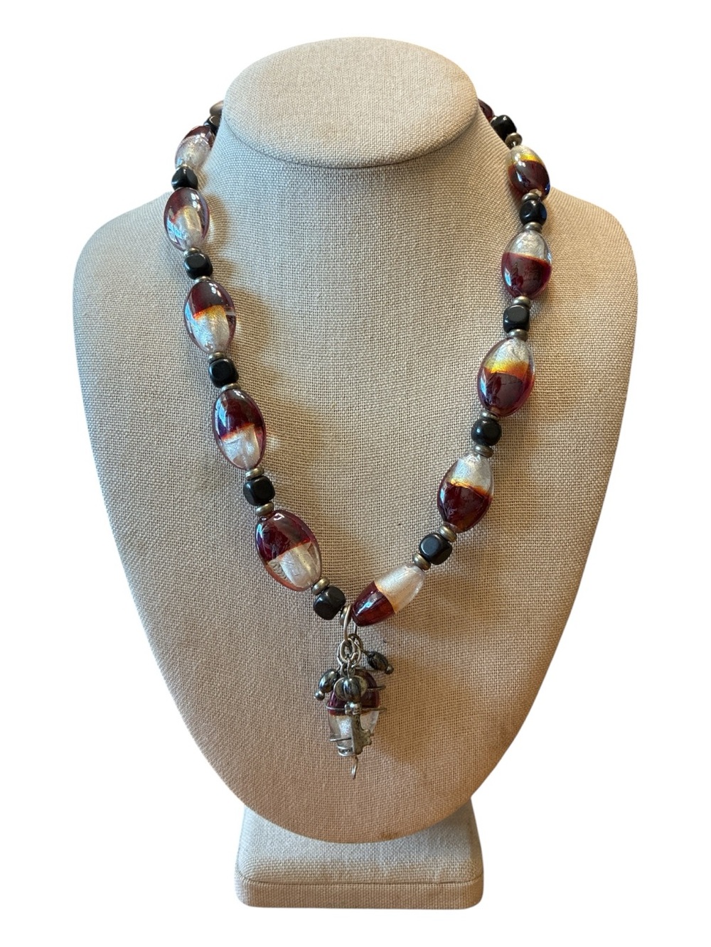 🔵 Burgundy and Silver Glass Beaded Pendant Necklace ~ 20.5 Inches